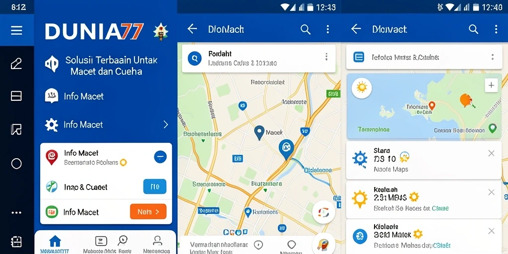 Tampilan antarmuka aplikasi DUNIA77 untuk info macet dan cuaca.